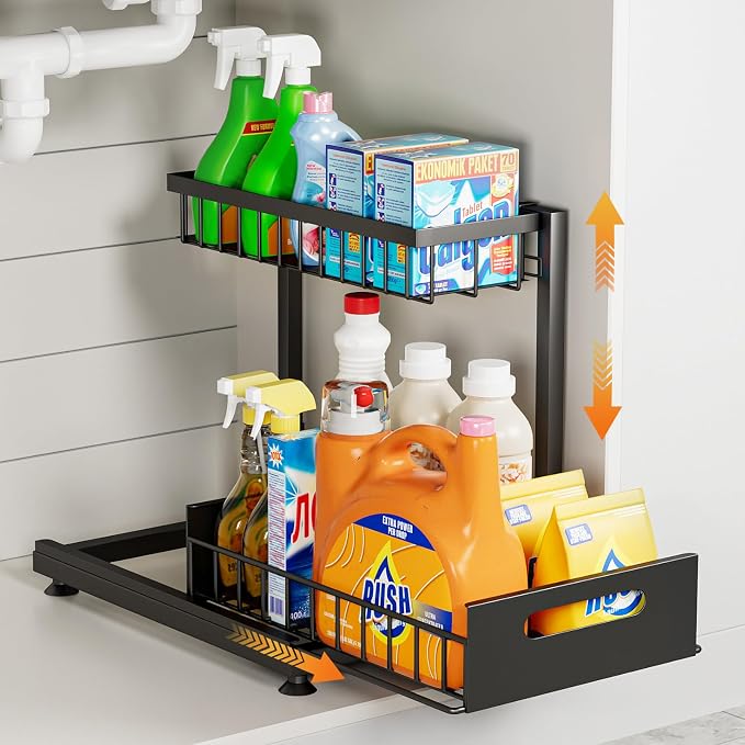 Saydear L-Shaped Under Sink Organizer, 2-Tier Pull-out Cabinet Rack 1-Pack | Black Height-Adjustable Steel Rack, Sliding Grid Drawers with PP Liners, Holds 100 Lbs, Suction Base, Ideal Kitchen Storage