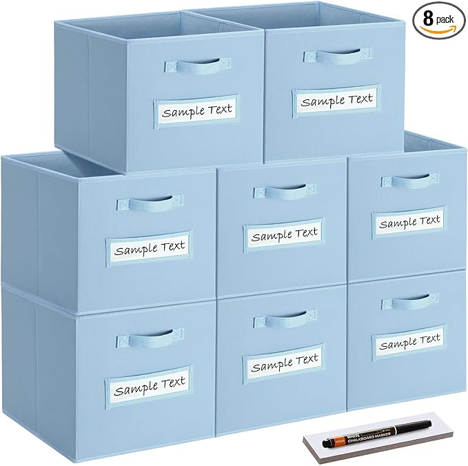 Fabric storage cubes (8 Pack) 13 Inch Cube Storage Bin, cube organizer bins with 8 Labels Window Cards & a Pen,Foldable cube organizer bins and Storage Box,Pastel Blue