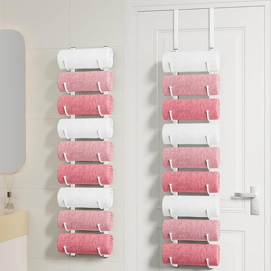 HapiRm Rolled Towel Racks for Bathroom - 9-Tier Over The Door & Wall Mounted Bathroom Towel Storage, Hanging Metal Organizer for Towels & Bath Sheets, Space Saving Rack for Bathroom, Camper, RV, White