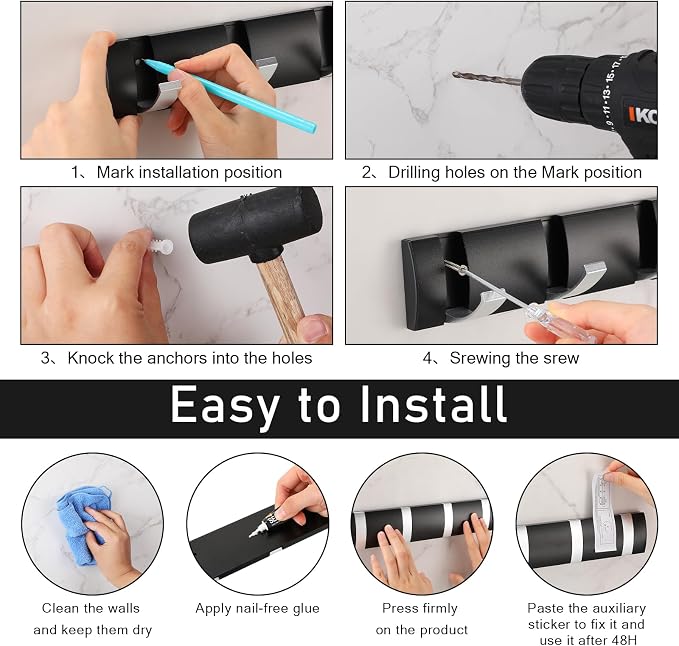 Wesiti 2 Pack Wall Mounted Coat Rack, Floating Door Wall Coat Rack with Retractable Hooks Aluminum Space Saving Hangers Hook Rail for Entryway Bathroom Hat Towel(Black and Silver)