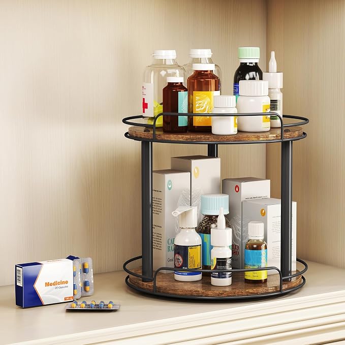 LAMU 10'' Wood Lazy Susan Turntable Organizer for Cabinet, 2 Tier Lazy Susan Spice Rack Organizer for Kitchen, Table Top, Countertop, Pantry, Medicine Organizer