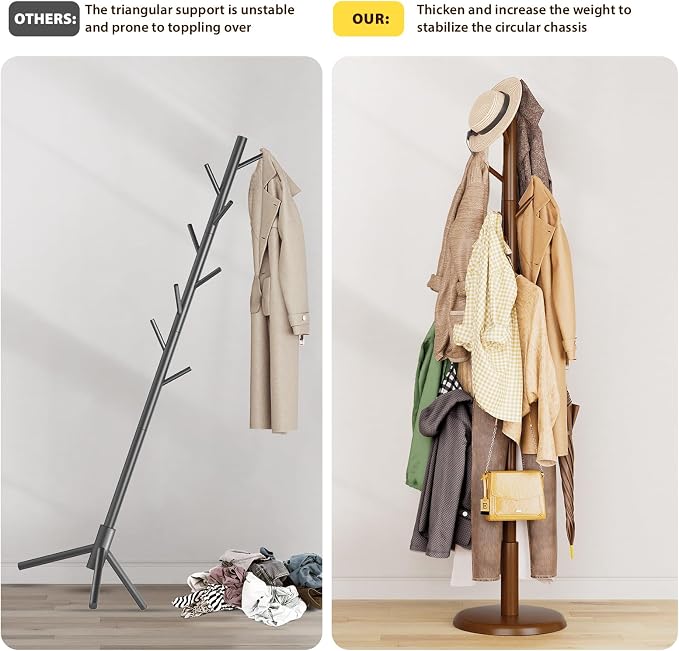 Taitiy Solid Wood Coat Rack Freestanding Coat Tree with 10 Hooks | for Bedroom, Livingroom, Entryway, Sturdy Coat Hanger Stand for Hats, Coats, Scarves, Handbags, Purses