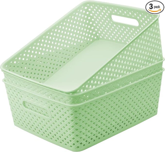 MaxGear 3 Pack Plastic Storage Baskets, Large, Green | Durable Woven Plastic with Built-In Handles, Suitable for Shelves, Closets, Cabinets, Bathrooms and Offices
