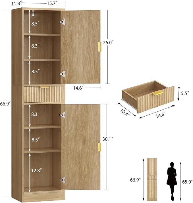 67″ Storage Cabinet with 1 Drawer and 2 Doors,Tall Bathroom Storage Cabinet with Adjustable Shelves, Rattan Fluted Cabinet for Bathroom, Living Room, Kitchen, Natural Oak