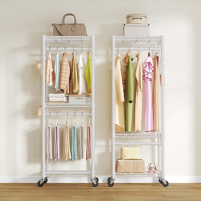 OLIXIS Clothes Rack Heavy Duty Adjustable Garment Clothing Rack with Wheels, Rolling Metal Freestanding Closet Organizer for Hanging Clothes with 2 Side Hooks, Double Rods, 23.6"x15.7"x74.4", White