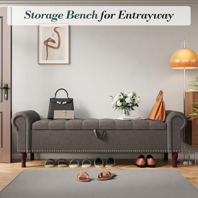 Apicizon 60” Bench with Storage, Upholstered Tufted Button Bedroom Bench with Storage, Faux Leather End of Bed Bench with Rolled Arms, Storage Ottoman Bench for Bedroom, Living Room, Entryway, Gray