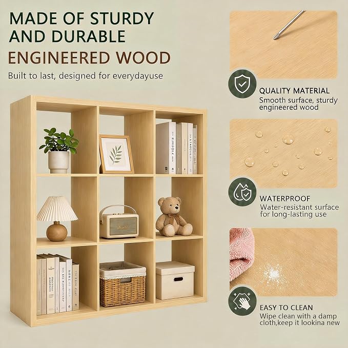 CTESNE【Wooden Thick Frame 9 Cube Storage Organizer Shelf with Anti-Tipping Kits + Reversible Open Back Bookcase, Horizontal and Vertical Dual-use Standing Bookshelf（Oak,13inch）