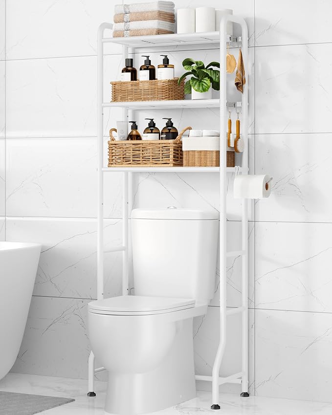 Kitsure Over Toilet Storage Rack, 63.2" H Space-Saving, Holder & Hooks | Bathroom, Laundry Room, Small Spaces, Families, Durable Metal, White, 3 Tier