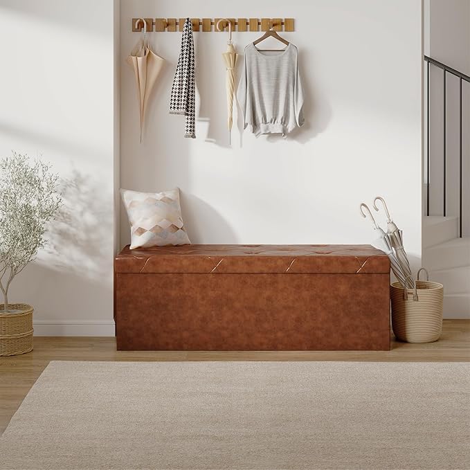 Sweetcrispy 43 Inch Storage Ottoman Bench, Folding Ottoman with Storage | Foot Rest Stool with Padded Seat, End of Bed Storage Bench for Living Room, Bedroom, Loads 660 LBS, Synthetic Leather, Brown