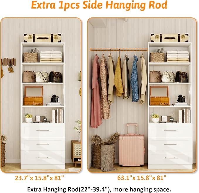 Closet System with 3 Drawers & 4 Shelves, Wood Closet Organizer System with 1 Extra Hanging Rod for Walk in Closet, Modular Closet Organizer System White(2FT)