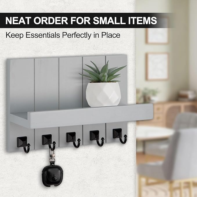 Key Holder for Wall, Decorative Key Holder with Shelf, Key and Mail Holder Wall Mount, Farmhouse Decor with 5 Key Hooks for Keys, Coats, ect.