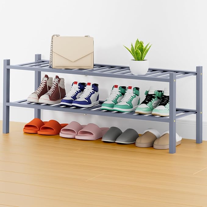Smiry Bamboo Shoe Rack, 14 Vertical Slats, 2 Tier - 33.7" Wide, Grey | Stackable Free Standing Wooden Shoe Organizer, Wood Shoe Storage Shelf for Closet, Entryway, Thicher Leg