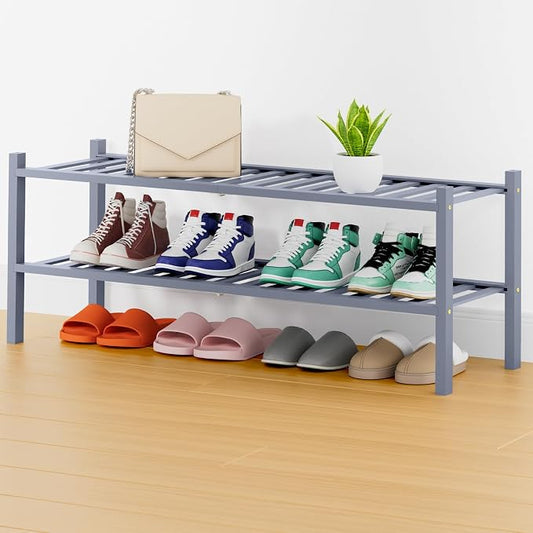 Smiry Bamboo Shoe Rack, 14 Vertical Slats, 2 Tier - 33.7" Wide, Grey | Stackable Free Standing Wooden Shoe Organizer, Wood Shoe Storage Shelf for Closet, Entryway, Thicher Leg