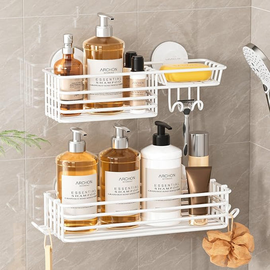 LEVERLOC Shower Caddy Suction Cup, 2 Pack Shelves for Inside with Hooks | White Shower Basket, Rustproof Meatl Bathroom Holder, Soap Holder, NO-Drilling Bathroom Organizer