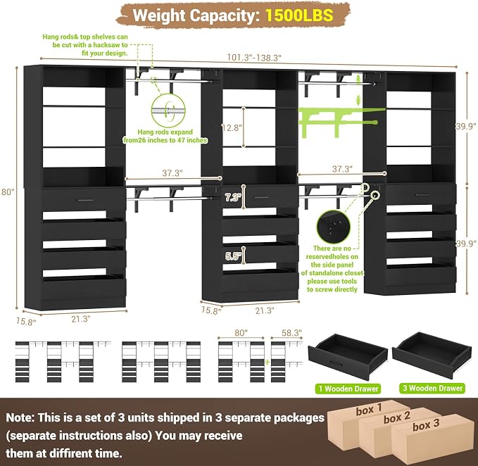 Aheaplus Closet System Set of 3, 138.5" Wood Closet Organizer System Tower with 12 Drawers & 4 Hanging Rods, 6.7+4.85Ft L Shaped Walk-in Closets Wardrobe Organizer Garment Rack with Shelf, Black3