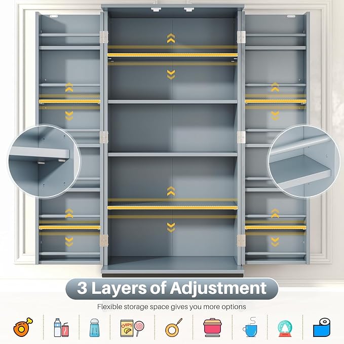 kepptory 51" Pantry Cabinet with Diamond-Patterned Doors and Golden Handles, Freestanding Kitchen Storage Cabinet with 17 Shelves, Tall Metal Base, Adjustable Feet, Grey