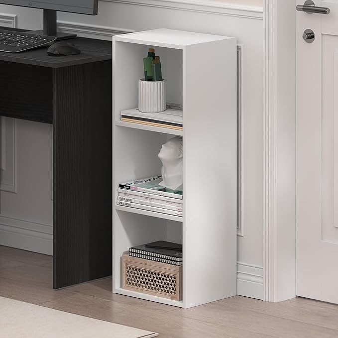 Furinno LUDER Book Shelf, 3-Cube Bookshelf, Bookcase with Open Shelves, 9.3 x 12 x 31.5, Easy Assembly, for Living Room, Bedroom, Home Office, White