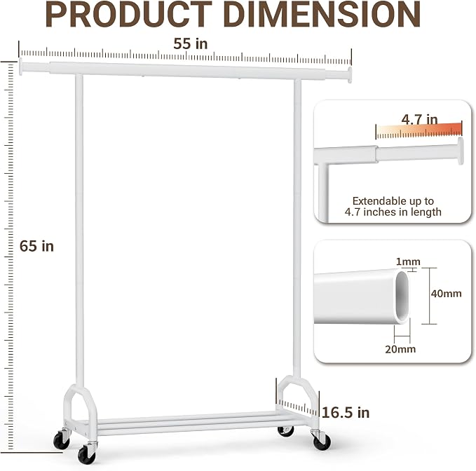 Heavy Duty Rolling Clothing Rack, 450 lbs Capacity Metal Clothes Rack with Wheels, 65" Tall Freestanding Hanging Rack for Bedroom, Laundry Room, Retail Display, White