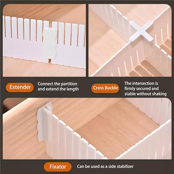 Adjustable Plastic Drawer Separators, 15 PCS Dividers + 25 Connectors, 14.96" Length x 4.33" Height, Cuttable Storage Organizer for Socks, Garments, Kitchen Tools, Bedroom & Bathroom Drawers