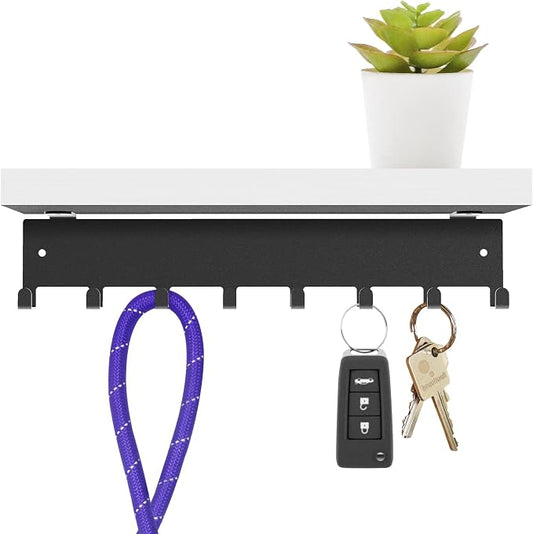 Sturdy Steel Wall Key Holder with White Bamboo Shelf. Metal and Wooden Key Hanger with Hooks for Car, Apartment, Storage, Keys