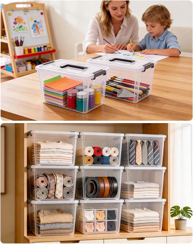 Citylife 4 Packs Plastic Storage Bins with Latching Lids Clear Storage Box with handle Stackable Storage Containers for Organizing Toys, Crafts, Tools