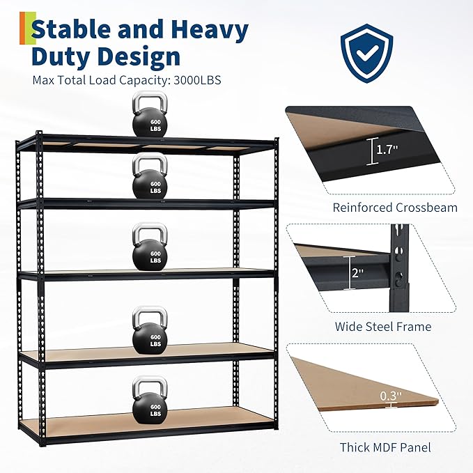 PeakPursuit Storage Shelving Unit, 5-Tier Adjustable Metal Storage Shelves, 60" L x 24" W x 72" H Heavy Duty Garage Storage Shelves for Kitchen Pantry Basement Bathroom Laundry