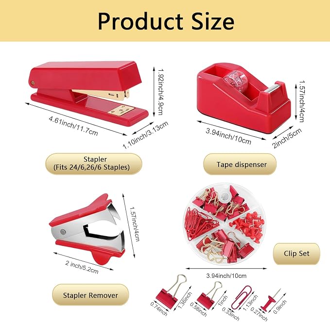 Office Supplies,Red Desk Accessories,Office Supplies Set,Stapler and Tape Dispenser Set,Scissors,Staple Remover,Binder Clips,Staples,Ballpoint Pen,Index Tabs with Ruler,Clear Tape.9pcs for Office