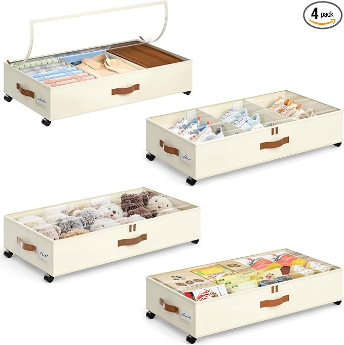 Yecaye Under Bed Storage with Wheels, 4 Pack Under Bed Storage Containers with Adjustable Dividers & Clear Window, Rolling Underbed Organizer Bins Drawers for Clothes, Shoes, Blankets, Beige