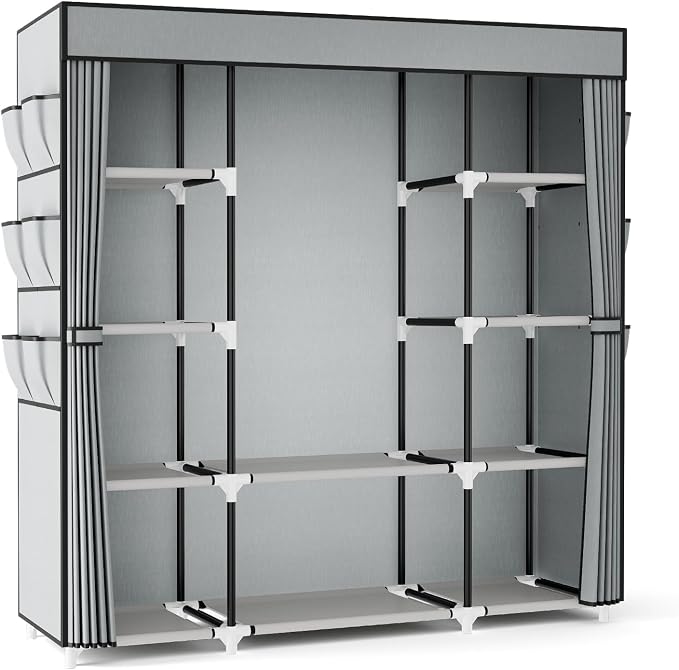 VTRIN Portable Closet Wardrobe for Hanging Clothes 57.3 Inch Large Capacity Clothes Rack with Cover, 10 Storage Organizer Shelves, 1 Hanging Rods and 6 Pockets, Free Standing Closet for Bedroom, Grey