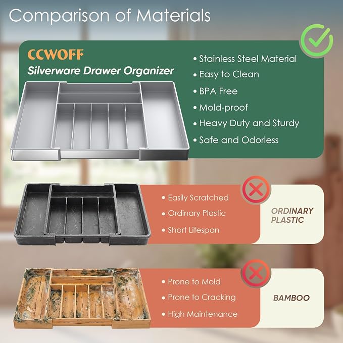 Silverware Drawer Organizer, 9 Slots Expandable Kitchen Drawer Organizer | Extra Large Utensil Holder & Cutlery Tray, Heavy Duty Stainless Steel Frame Flatware Organizer, Non-Slip Feet Included, Gray