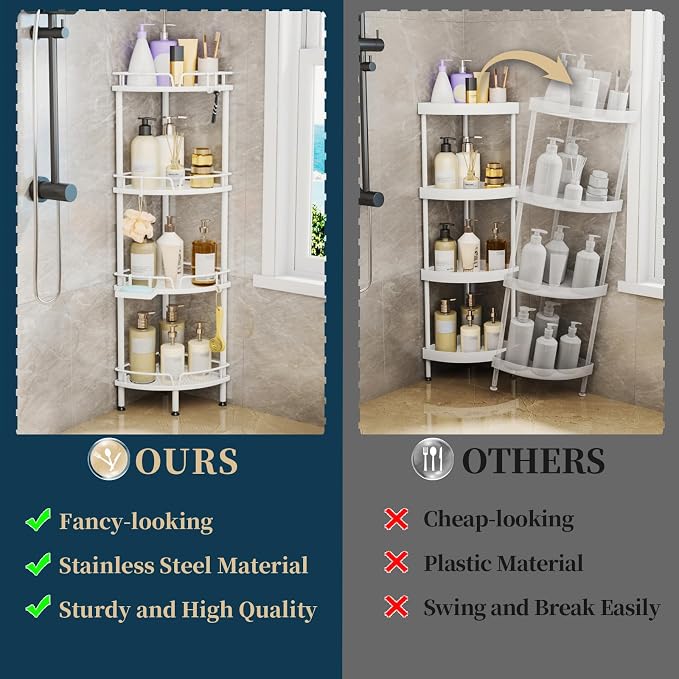 Consumest Corner Shower Organizer Stand - 4 Tier Shower Caddy with Soap Holder, Standing Tall Floor Shower Stand with Adjustable Feet & 4 Hooks, Shower Shelf Rack Storage for Bathroom White