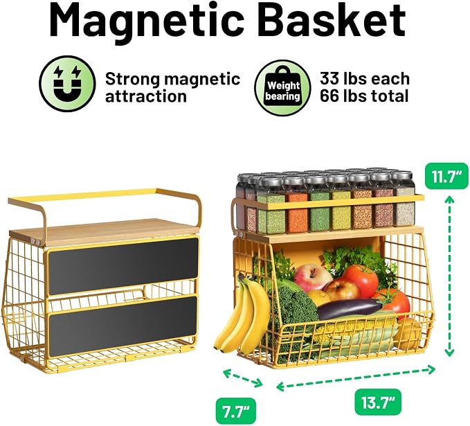Magnetic Shelf for Fridge with Wood Lid, Fruit Potato and Onion Storage Bins, Pantry Organizers & Storage, Large Container Magnetic Spice Rack for Refrigerator, Kitchen Counter, Cabinet (Yellow, 2)