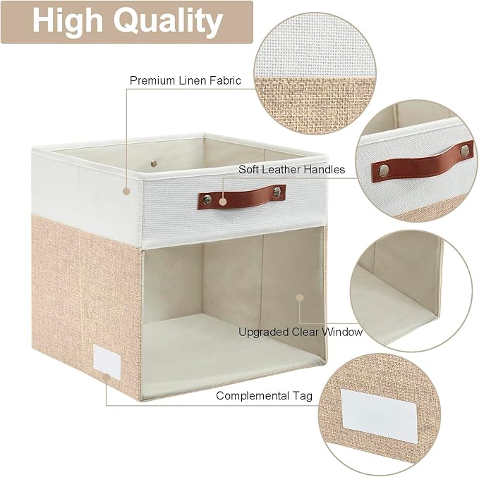 Storage Cubes, 4 Pack Linen Foldable Storage Bins (13 x 13 inch) with Clear Window and Handles, Fabric Organizer for Shelf Closet, Clothes, Books - (Beige and White)