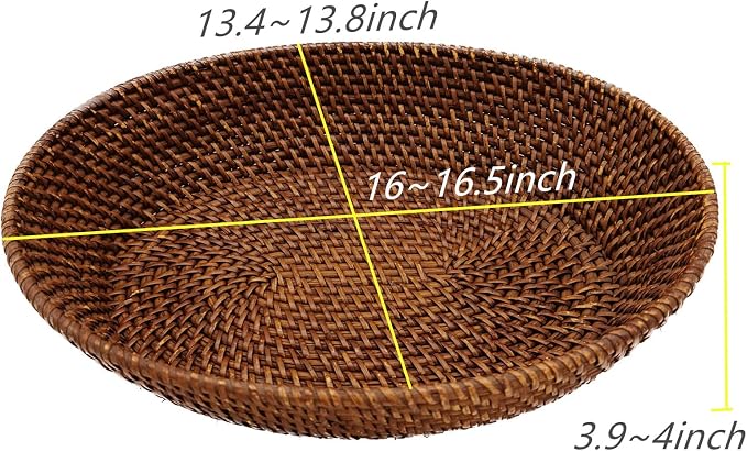 Large Rattan Fruit Basket Bread Serving Bowl with 4" High Wall, Dark Brown Trapezoid Wicker Basket Tray for Table Centerpiece, Woven Vanity Basket Fruit Bowl for Home Décor