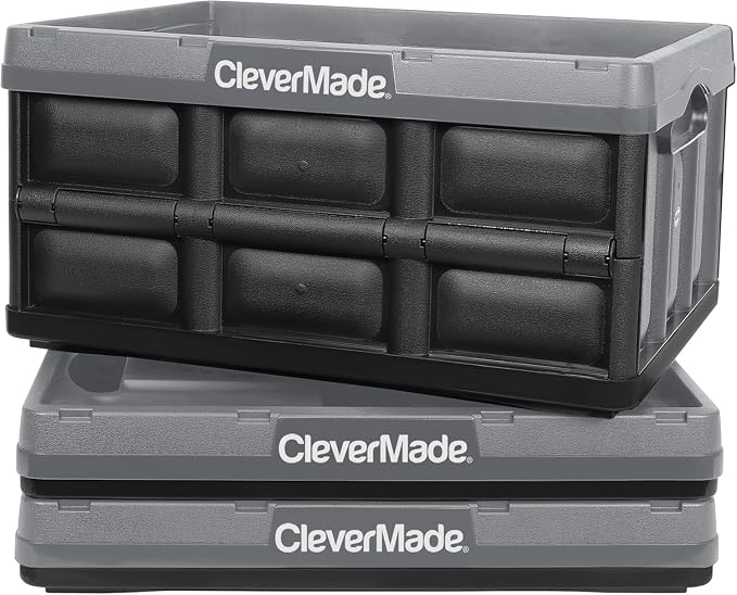 CleverMade Collapsible Storage Bins, 32L 3 Pack, Durable Plastic, Stone | Reinforced plastic handles groceries, tools, and sports gear. Interlocking bins stack open and nest compactly when folded.