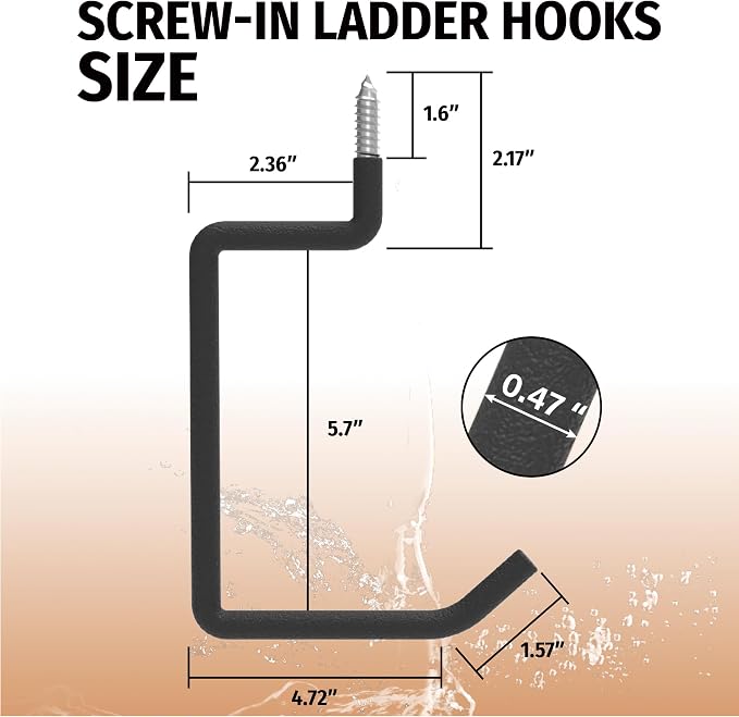 HUHOLE 4 Pack 5.7 Inch Screw in Ladder Hooks for Garage Wall | Utility Hangers with 65 lb Capacity for Ladders, Chairs, Bikes, Hoses, Wheelbarrows and Wall Mount Storage