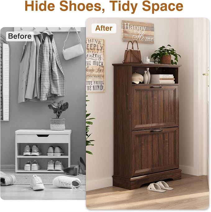 24" W Hidden Shoe Storage Cabinet with 2 Flip Drawers & Open Storage | Farmhouse Modern Shoes Rack Cabinet,Adjustable Shelves, Narrow Slim Shoes Organizer for Front Door Entrance, Entryway, Walnut