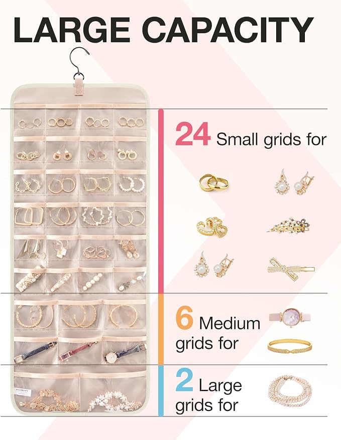 BAGSMART Hanging Jewelry Organizer Necklace/Earring/Ring 2-Sided L Beige | Jewelry Holder Organizer Storage with Hanger Metal Hooks Double-Sided Jewelry Holder on Closet, Wall, Door