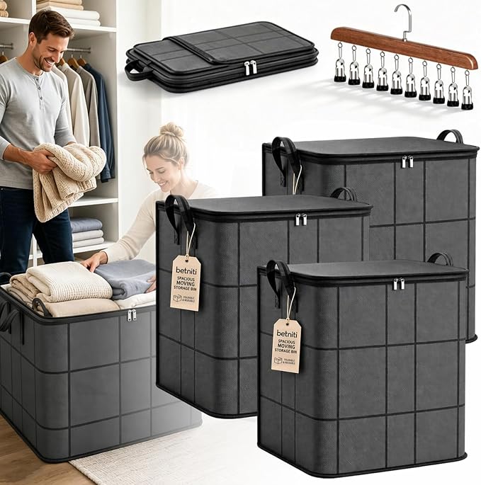 Upgrade Spacious Moving Storage Bin - Large Capacity Zippered Fabric Organizer for Bedding & Clothes, Foldable Blanket Bag with Reinforced Handles for Quilts, Comforters & Moving Day，3Pcs：M