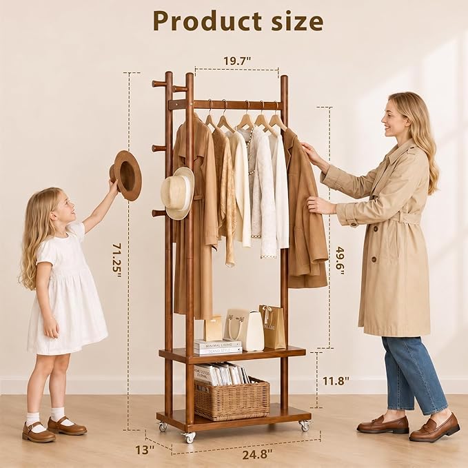 Taitiy Coat Rack Solid Wood Stand Storage 2 Shelves 4 Hooks Entryway | Hallway bedroom living room office, durable wood construction, freestanding design, coats hats bags storage