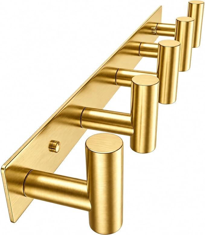 Wall Mounted Coat Rack-5 Hooks, Heavy Duty Stainless Steel Wall Hooks for Towel Coat Bag, Hat Rack Coat Hanger Coat Hooks Towel Racks for Bathroom Entryway Kitchen Hotel Office (Gold, 1 Pack)