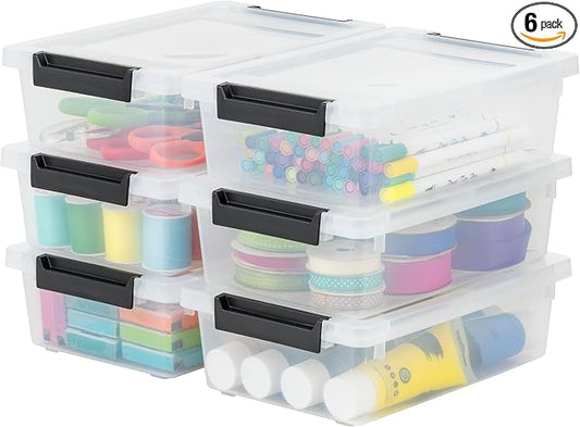IRIS USA Storage Bins with Lids |Made in USA| 2 Qt - (6-Pack) - Clear/Black | Sensory Craft Organizers, Plastic Clip Box Totes, Flat Containers for Organizing Paper, Office, Art & Study Supplies