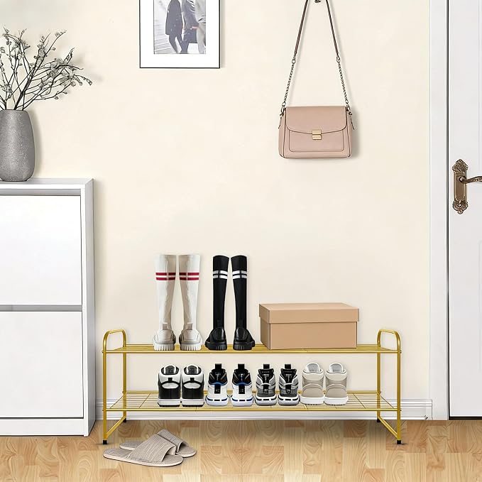 KEETDY 2-Tier Long Shoe Rack for Closet Metal Shoe Organizer for Entryway, Wide Stackable Shoe Storage Shelf with Sturdy Wire Grid for Closet Floor, Bedroom, Gold