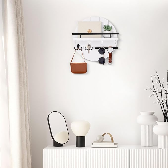 Nekon Rustic Wall Mount Key Organizer, 11.8 Inch Rack with Shelf and 6 Hooks, Circular Wooden Key Hanger for Entryway Hallway Kitchen (White)