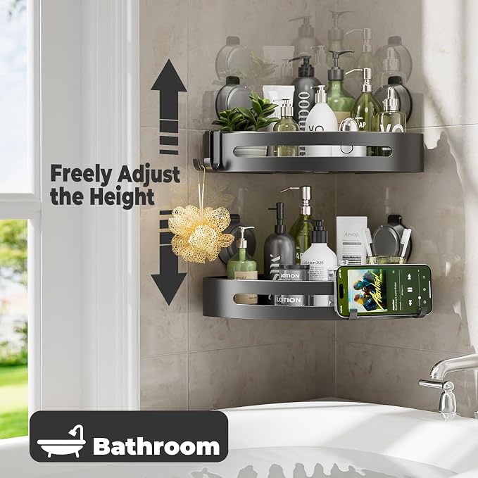 Corner Shower Caddy Suction Cup,Shower Shelves with Hooks,No Drilling Powerful Upgrade Suction Bathroom Corner Organizers and Storage,Removable Waterproof Rustproof Shower Shelf Bathroom Decor