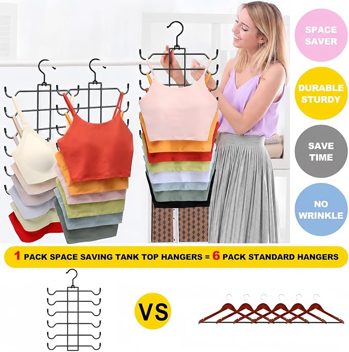 1 Pack Tank Top Hanger Space Saving, Dorm Room Essentials, Stainless Steel Closet-Organizer-and-Storage for Small Space, Non-Slip 6-Tier Hanging Sport Bras Holder