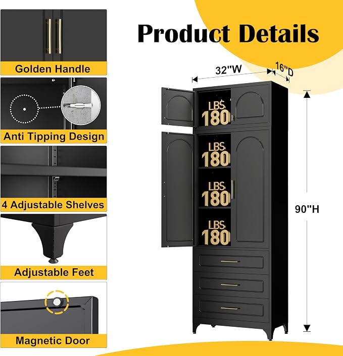 SteeLoong 90”Kitchen Pantry Cabinet, Metal Storage Cabinet with 3 Drawers | Black Pantry Cabinets for Kitchen Storage with 2 Adjustable Shelves,Tall Freestanding Cupboard for Living Room,Kitchen,Garage