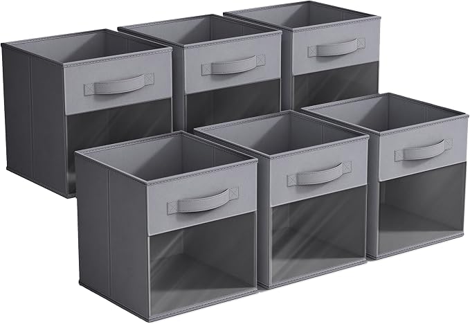 Sorbus 11 Inch Storage Bins with Clear Window - 6 Foldable Baskets for Organizing Clothes, Toys, Books - Sturdy Collapsible Fabric Storage Cubes with Handle - Storage Baskets for Shelves, Closets