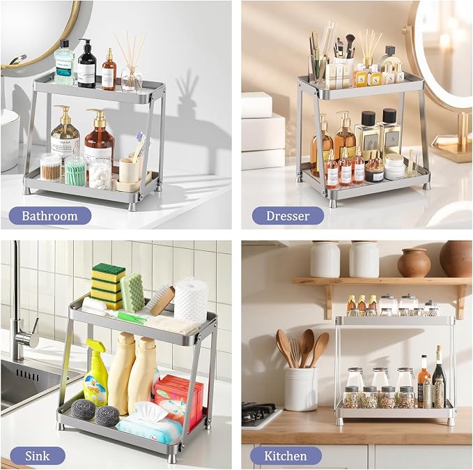 2-Tier Acrylic Bathroom Vanity Organizer, Silver | Bathroom Counter Storage Shelf with Marble-Look Tray, Holds Cosmetics, Perfume, Makeup & Skincare Products
