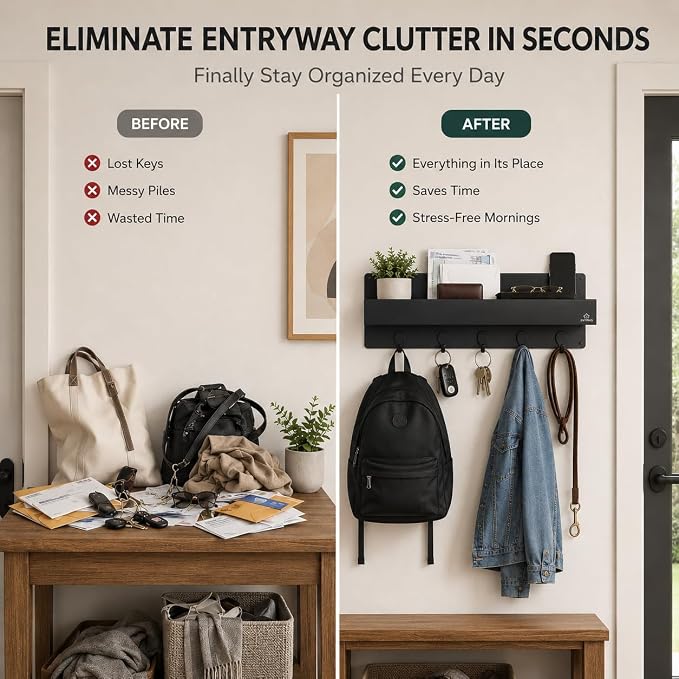 Modern Large Wall Mounted Key Holder with Deep Shelf, Entryway Organizer with 5 Heavy Duty Hooks, Metal Key Rack for Wall, Mail Holder & Dog Leash Hanger, Black